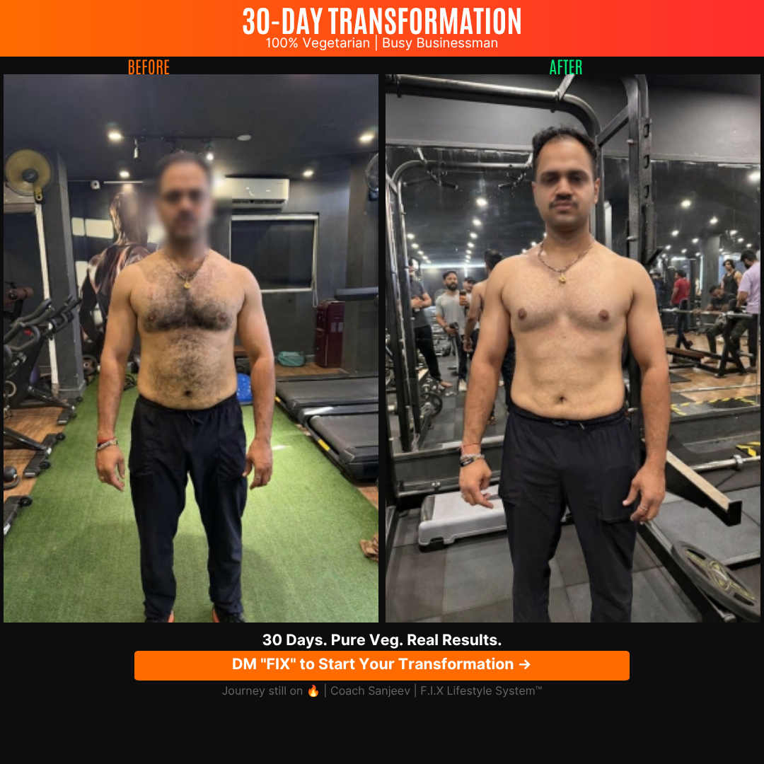 30-day transformation front view — vegetarian businessman